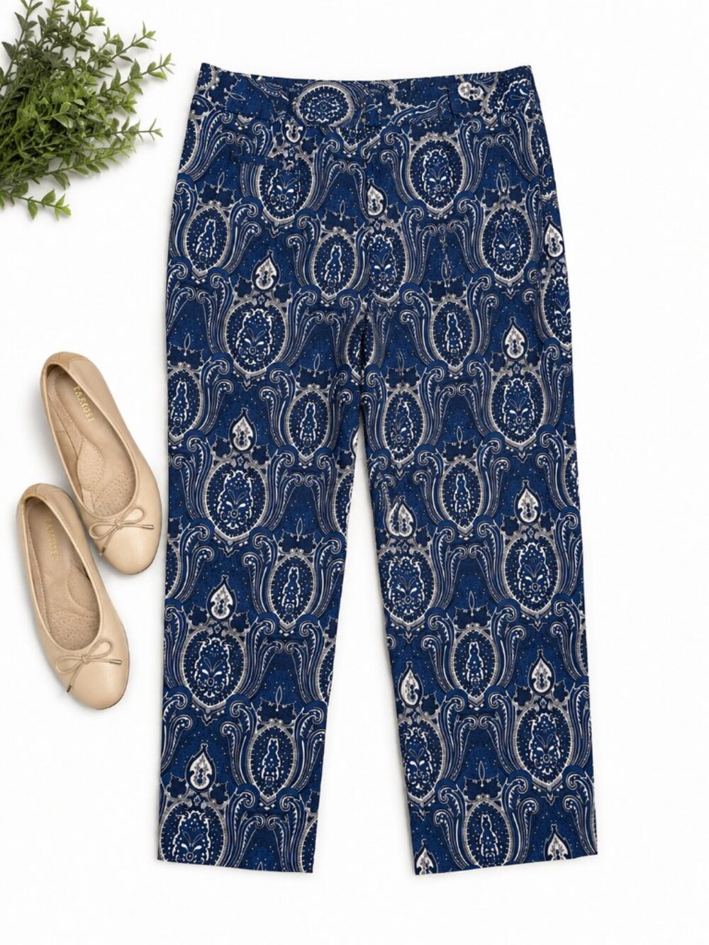 Talbots Size 8 Navy Paisley Ankle Pants Straight Leg Printed Trousers